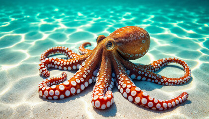 Naklejka premium Colorful octopus resting on sandy ocean floor under bright sunlight in a tropical sea