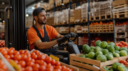 Worker operating a forklift with fresh produce in a warehouse during daytime hours in a bustling food distribution center