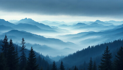 Fototapeta premium Majestic blue mountains enveloped in mist at dawn in a tranquil forest landscape