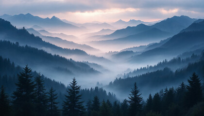 Obraz premium Dramatic twilight over misty mountain landscape with serene valleys and fir trees