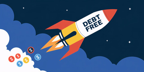Naklejka premium Debt Free printed on a rocket launching into the sky, leaving colorful dollar signs behind, symbolizing financial progress and freedom from burdens. 