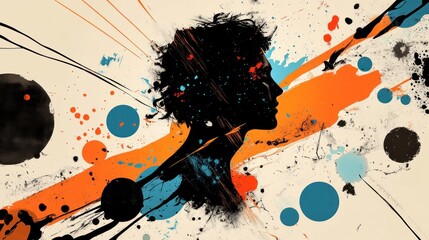 Abstract female profile silhouette with orange and blue paint splashes.