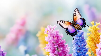 Colorful butterfly on vibrant flowers.