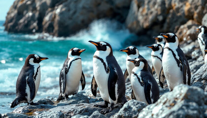Penguins gather on rocky shore near ocean waves, showcasing their playful behavior in a natural habitat during daytime