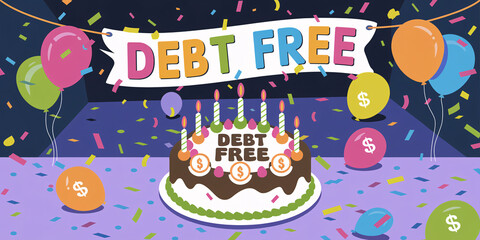 Debt Free written on a festive banner above a decorated cake surrounded by balloons, confetti, and dollar signs, celebrating financial success and freedom.
