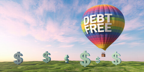 Debt Free written on a colorful hot air balloon floating over a green landscape with dollar signs scattered below, symbolizing financial freedom and progress.
