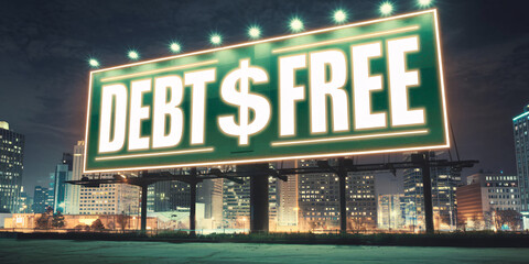 Debt Free glowing on a large green billboard with a dollar sign, overlooking an urban cityscape at night, symbolizing financial independence.
