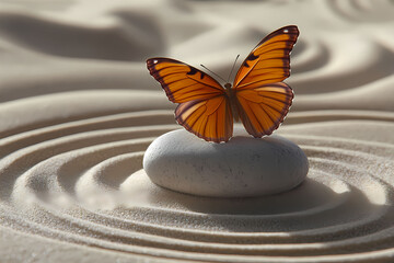 Fototapeta na wymiar An orange butterfly sits on a light white stone in a beautiful natural place