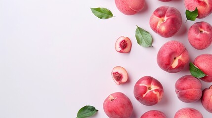 Whole and sliced peaches with green leaves on a white background, minimalistic fruit arrangement, isolated with copy space for text, fresh and vibrant organic produce, juicy and healthy summer fruit p