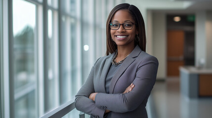 Confident Black Businesswoman in Modern Office Environment with Arms Crossed
