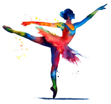 recommend clip art: チュチュを着たバレーダンサー。芸術的でカラフルでダイナミックなバレリーナのシルエットの水彩画。（Ballet dancer in a tutu. Artistic, colorful and dynamic ballerina silhouette watercolor painting.）
                    