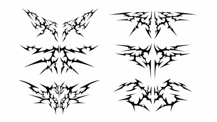 set of neo tribal sigilisms with a sharp, stiff touch. Symmetrical shape Cyber ​​Gothic Element vector design pattern in abstract black color