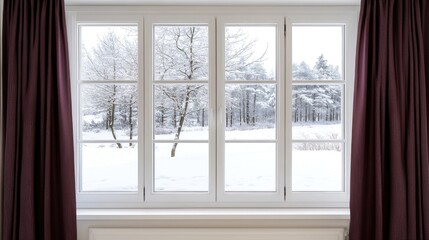 Snowflakes gently fall outside a window, blanketing the landscape in white, while a soft light from a nearby lamp adds warmth to the indoor space