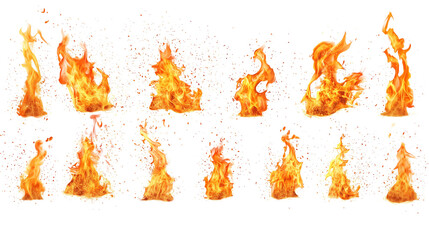 Set of real burning fires flames and sparks isolated on transparent background