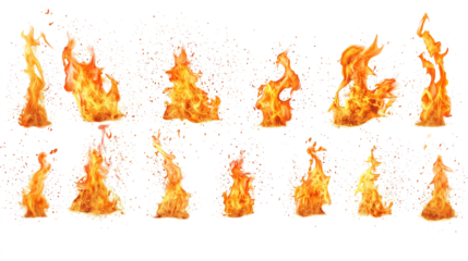 Set of real burning fires flames and sparks isolated on transparent background