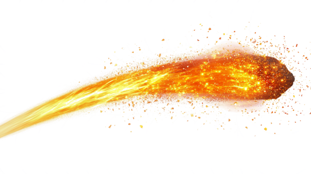fiery comet streaking with trail of sparks isolated on transparent background