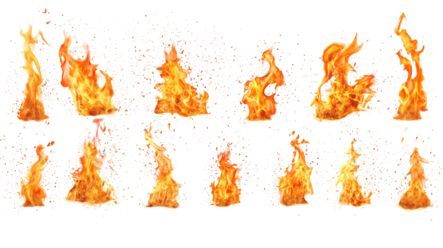 Set of real burning fires flames and sparks isolated on transparent background