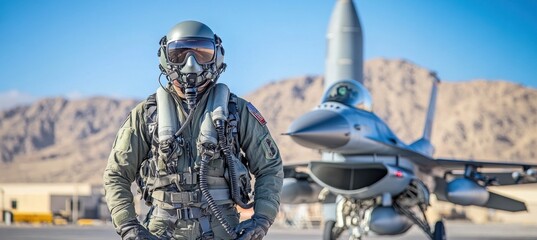 Military pilot wearing flight suit and helmet standing near fighter jet
