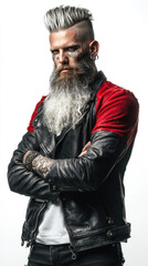 Rocker with tattooed face and crossed arms posing in studio