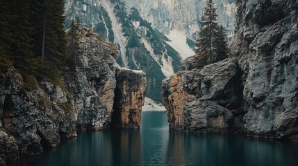 Mountain Lake Surrounded By Steep Rocky Cliffs And Trees