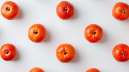 Whole red tomatoes arranged in a pattern on a white background, minimalistic and clean composition, isolated with copy space for text, vibrant organic produce, healthy food photography for culinary u
