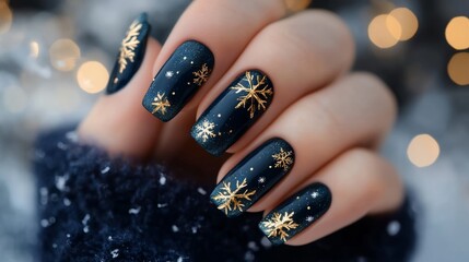 Elegant white nails with golden holly berry accents
Elegant burgundy nails with metallic silver details
Deep blue nails with shimmering gold accent
Bold red nails with glossy gold stripes