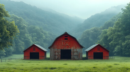 Obraz premium Three red barns in a misty green valley.