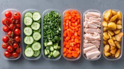 Colorful containers filled with sliced cucumbers, tomatoes, basil, carrots, chicken, and roasted potatoes ready for meal preparation and healthy eating at home.