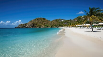 Fototapeta premium Tranquil Beach Scene with Clear Water and Palm Trees