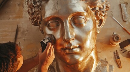 Artist restoring ancient golden statue bust with rotary tool