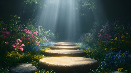 Serene stone pathway through a flower-filled forest.