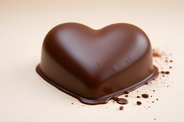 Heart-shaped chocolate dessert with melted edges on beige background