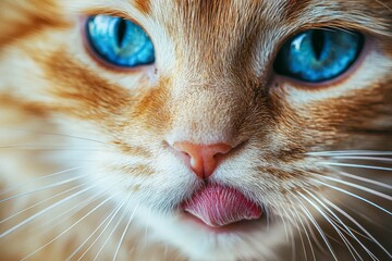 Funny cat licks his lips. Portrait of a white-red kitten with beautiful blue eyes.