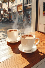 Two steaming coffee cups on a wooden table.