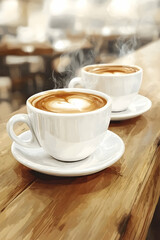 Obraz premium Two steaming cups of coffee on a wooden table.