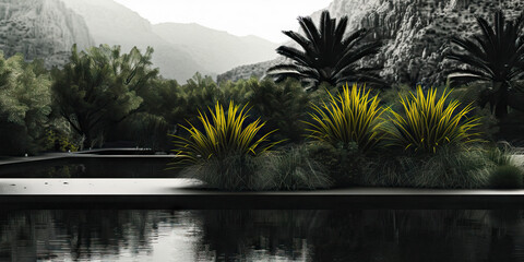 Reflecting Pool and Mountainous Landscape with Yellow-Leaved Plants