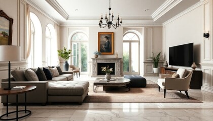 A villa living room with carved marble skirting boards, modern furniture, and a blend of light and dark tones for a balanced design