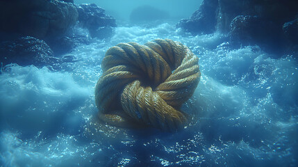 Underwater scene with a coiled yellow rope in swirling water.