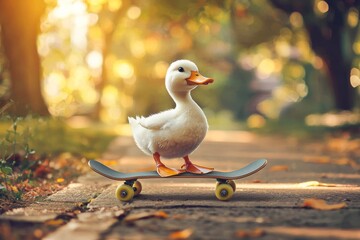Fototapeta premium Funny duck skateboarder. Cartoon childish print.