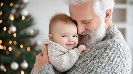 Cute baby girl with white hair laughs joyfully as her grandfather holds her against a beautifully patterned wallpaper in their home