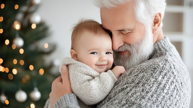 Cute baby girl with white hair laughs joyfully as her grandfather holds her against a beautifully patterned wallpaper in their home