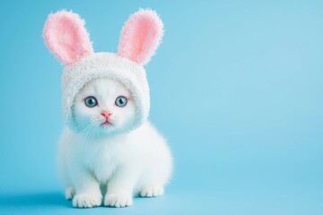 Obraz premium Funny white cat in hat with bunny ears on blue background.