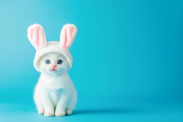 Funny white cat in hat with bunny ears on blue background.