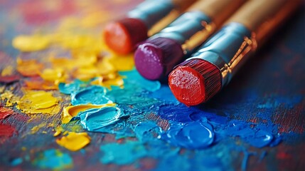 Obraz premium Vibrant Artist Palette Closeup Featuring Colorful Paints and Brushes for Creative Education