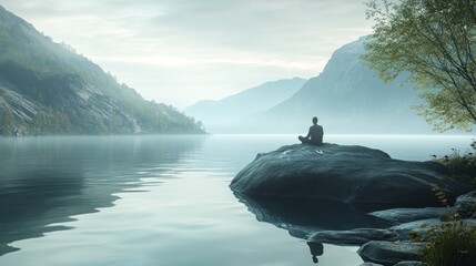 Serene man meditating on a rock by a calm lake in a misty mountain landscape.