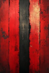 Red and Black Abstract Painting with Gold Accents Creating Vertical Stripes