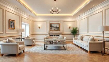A villa living room with gold-accented skirting boards, plush seating, and modern lighting to create an elegant