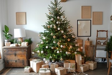 Obraz premium Beautifully decorated Christmas tree with sparkling ornaments and wrapped gifts below