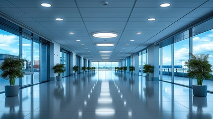 Obraz premium A modern corridor with large windows and plants, showcasing a bright, open atmosphere.