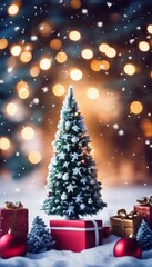 Charming miniature Christmas tree with delicate snowflake ornaments, surrounded by beautifully wrapped gifts. Soft bokeh lights create warm, festive glow, capturing magic and joy of holiday season.